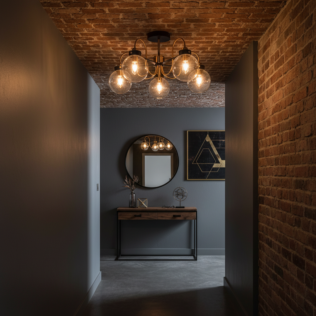 amos-lighting-Franklite-Equinox-5-Light-Semi-Flush-Antique-Gold-Clear-Globe-Loft-Hallway
