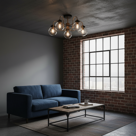 amos-lighting-Franklite-Equinox-5-Light-Semi-Flush-Antique-Gold-Clear-Globe-Loft-Lounge