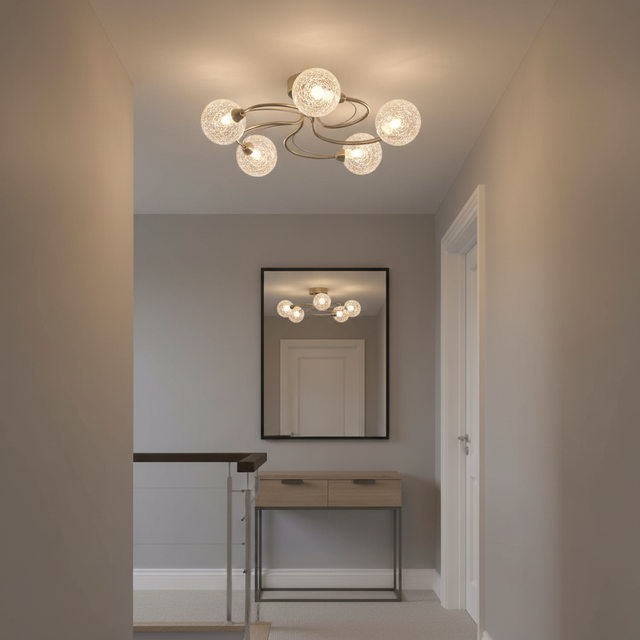 amos-lighting-Franklite-Gyro-5-Light-Flush-Satin-Nickel-Crackle-Globe-Hallway-Landing