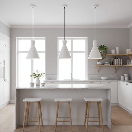 amos-lighting-Franklite-Happy-Conical-Pendant-Satin-White-Chrome-Band-Kitchen-Island-Trio