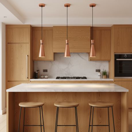 amos-lighting-Franklite-Happy-Slimline-Pendant-Satin-Copper-Kitchen-Island