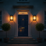 amos-lighting-Franklite-Nightingale-Exterior-Wall-Light-Aged-Brass-Front-Door-Dusk