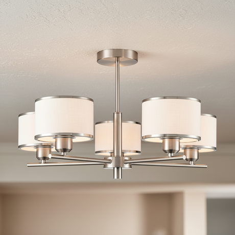 amos-lighting-Franklite-Polaris-5-Light-Satin-Nickel-White-Drum-Shades-Closeup