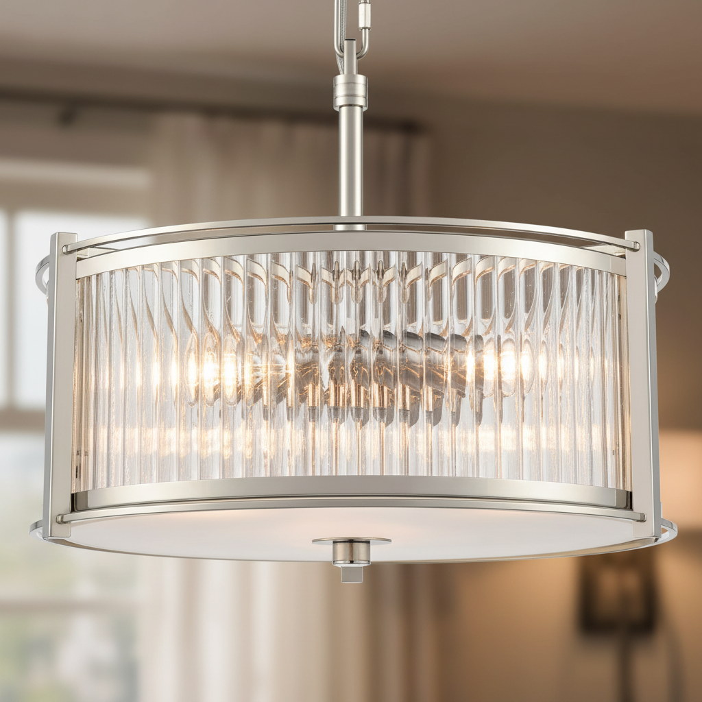 amos-lighting-Franklite-Sloane-3-Light-Pendant-Polished-Nickel-Ribbed-Glass-Drum-Closeup
