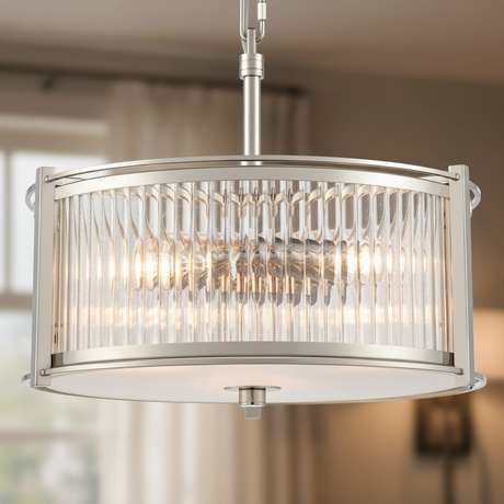 amos-lighting-Franklite-Sloane-3-Light-Pendant-Polished-Nickel-Ribbed-Glass-Drum-Closeup