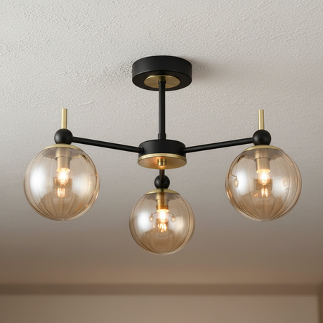 amos-lighting-Franklite-Solar-3-Light-Matt-Black-Satin-Brass-Amber-Globe-Closeup