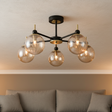 amos-lighting-Franklite-Solar-5-Light-Matt-Black-Satin-Brass-Amber-Ribbed-Globe-Closeup