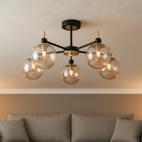 amos-lighting-Franklite-Solar-5-Light-Matt-Black-Satin-Brass-Amber-Ribbed-Globe-Closeup