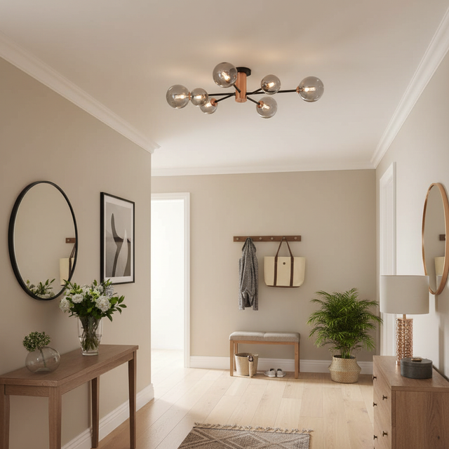 amos-lighting-Franklite-Solstice-6-Light-Flush-Copper-Smoked-Glass-Hallway-Furnished