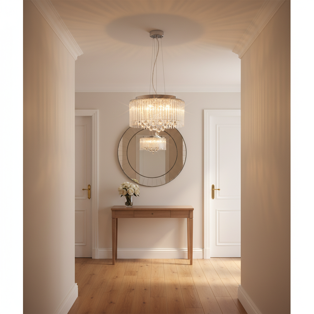 amos-lighting-Franklite-Spirit-Small-Pendant-Chrome-Crystal-40cm-Hallway