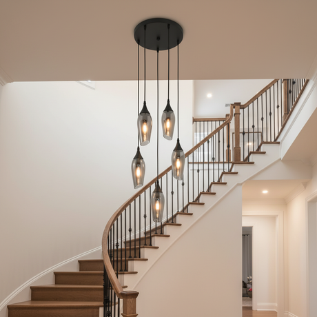 amos-lighting-Franklite-Taper-5-Light-Cluster-Pendant-Smoked-Glass-Stairwell