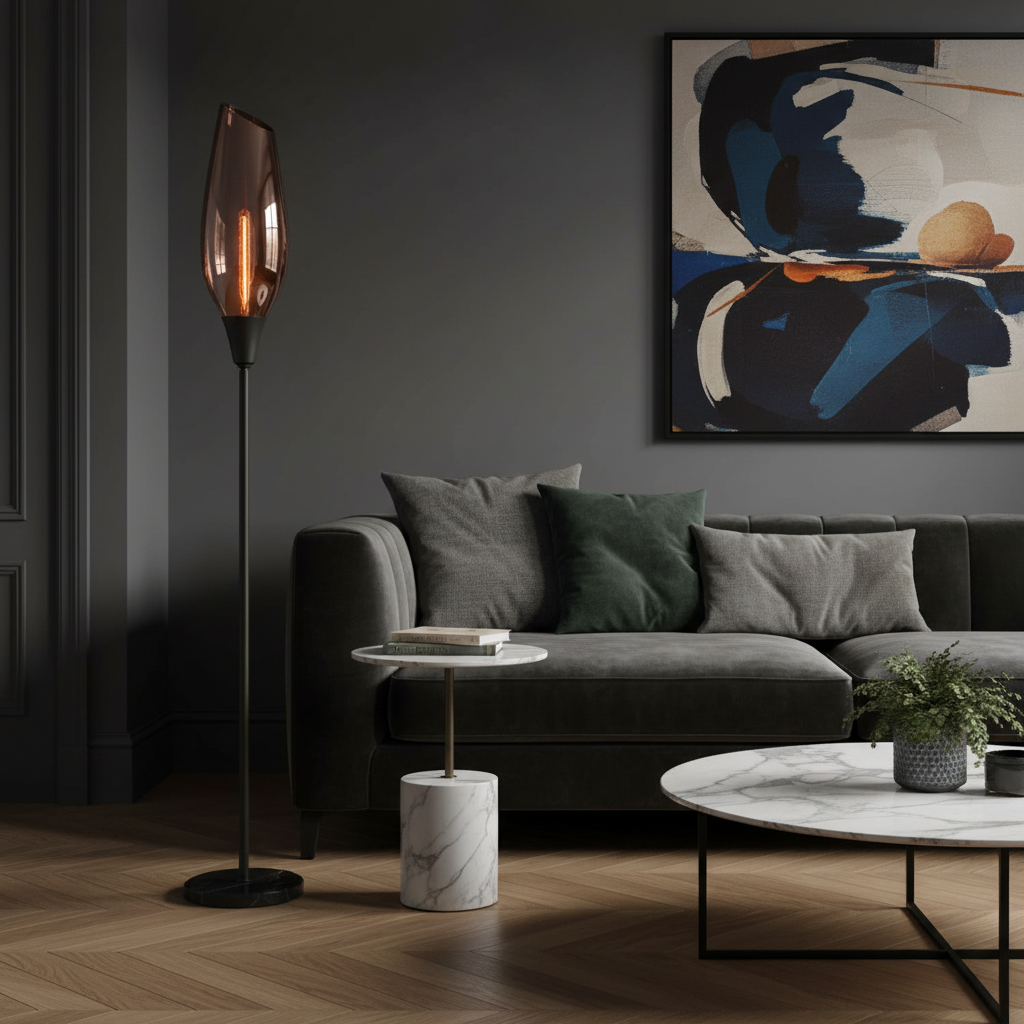 amos-lighting-Franklite-Taper-Floor-Lamp-Black-Copper-Glass-Lounge