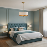 amos-lighting-Franklite-Windsor-3-Light-Pendant-Aged-Brass-45cm-White-Drum-Teal-Blue-Bedroom