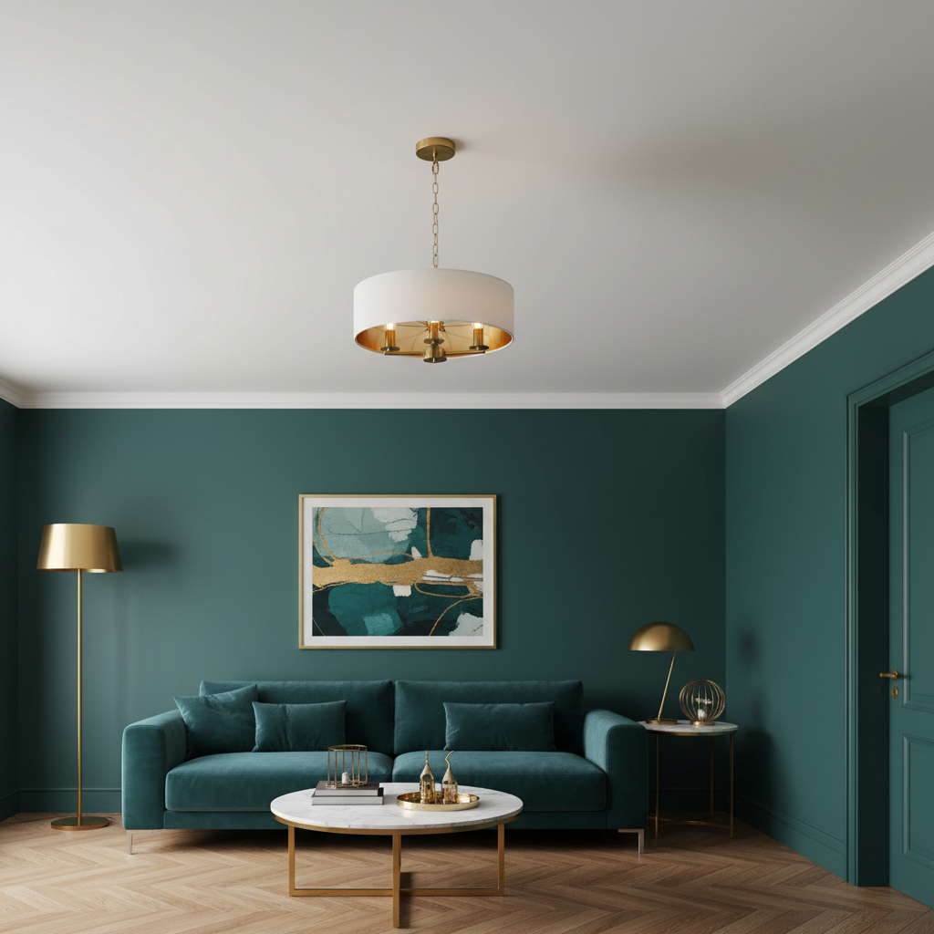 amos-lighting-Franklite-Windsor-3-Light-Pendant-Aged-Brass-45cm-White-Drum-Teal-Green-Lounge