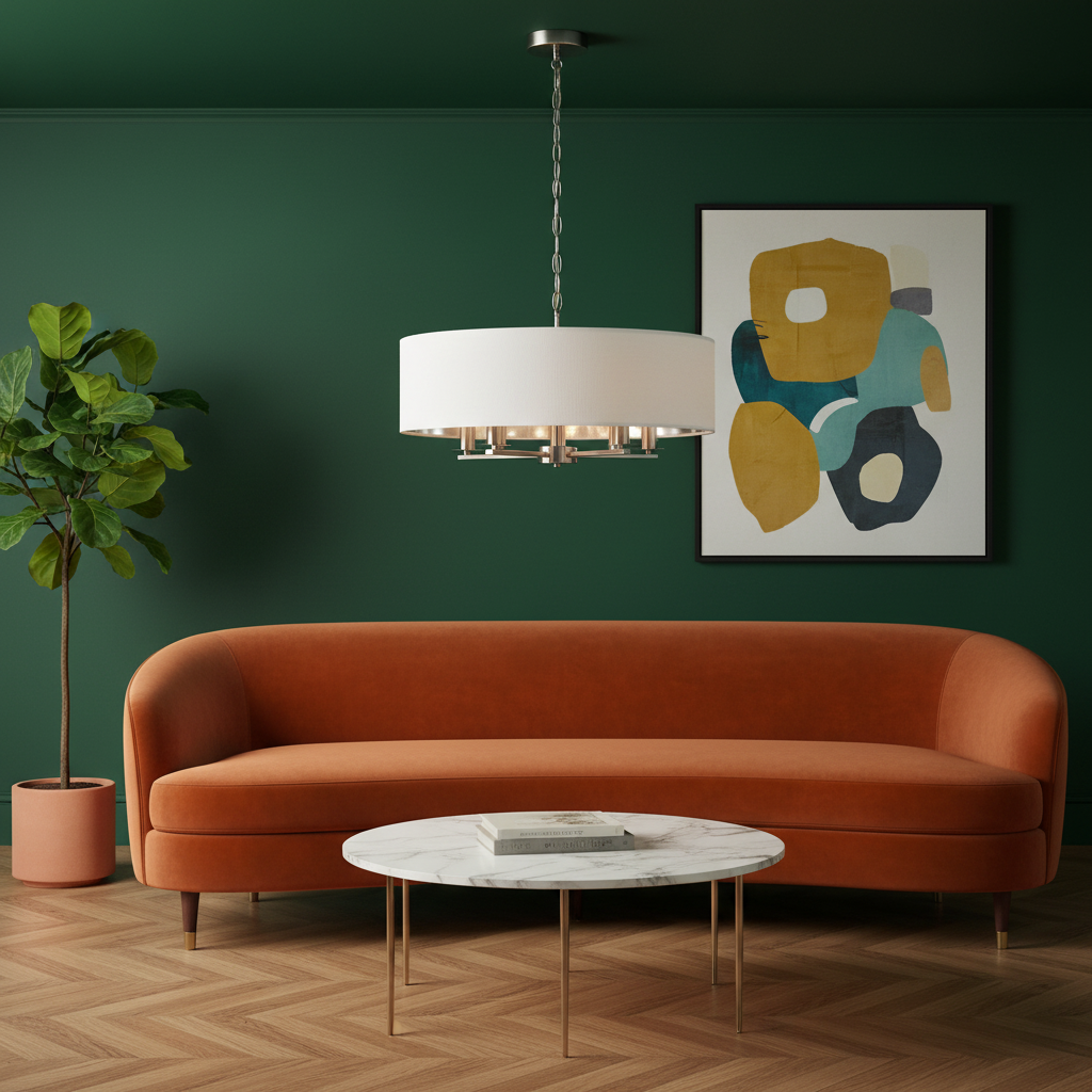 amos-lighting-Franklite-Windsor-5-Light-Pendant-Satin-Nickel-White-Drum-Colourful-Lounge