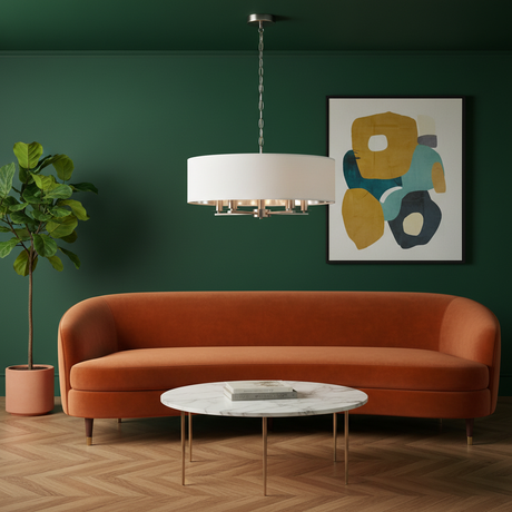 amos-lighting-Franklite-Windsor-5-Light-Pendant-Satin-Nickel-White-Drum-Colourful-Lounge