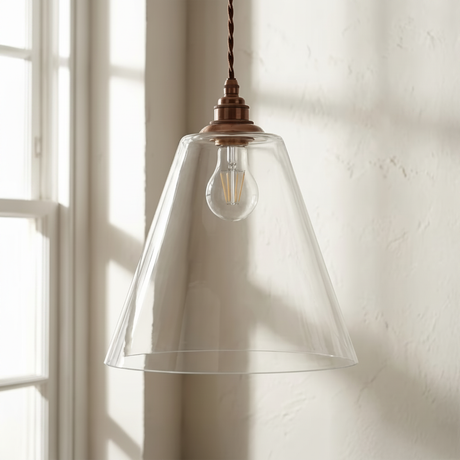 amos-lighting-Soho-Lighting-Forster-Clear-Cone-Glass-Pendant-Light-Old-English-Bronze-Brown-Twisted-Cable-Grey-Panel