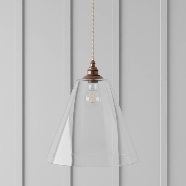 amos-lighting-Soho-Lighting-Forster-Clear-Cone-Glass-Pendant-Light-Old-English-Bronze-Linen-Twisted-Cable-Grey-Panel