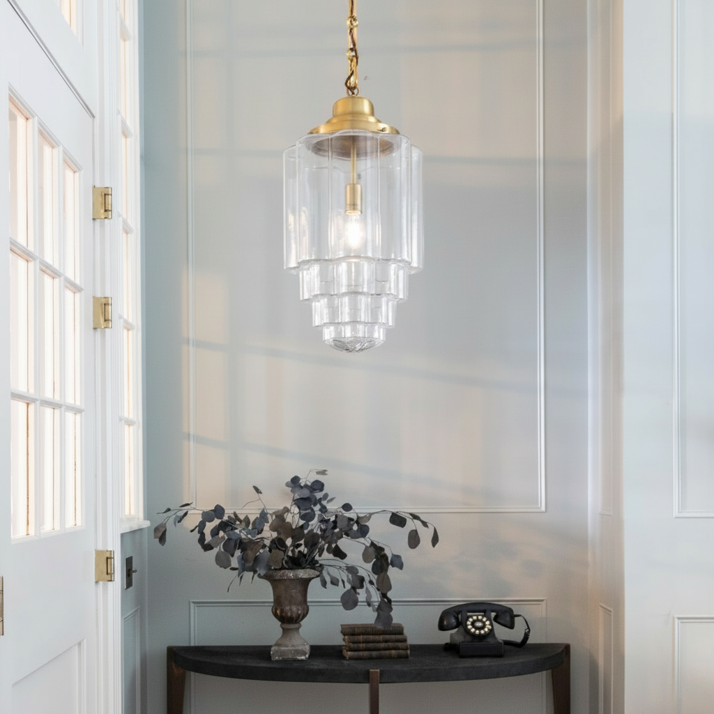 amos-lighting-Soho-Lighting-Glasshouse-Lacquered-Brass-Clear-Art-Deco-Pendant-Light-Hallway-v2