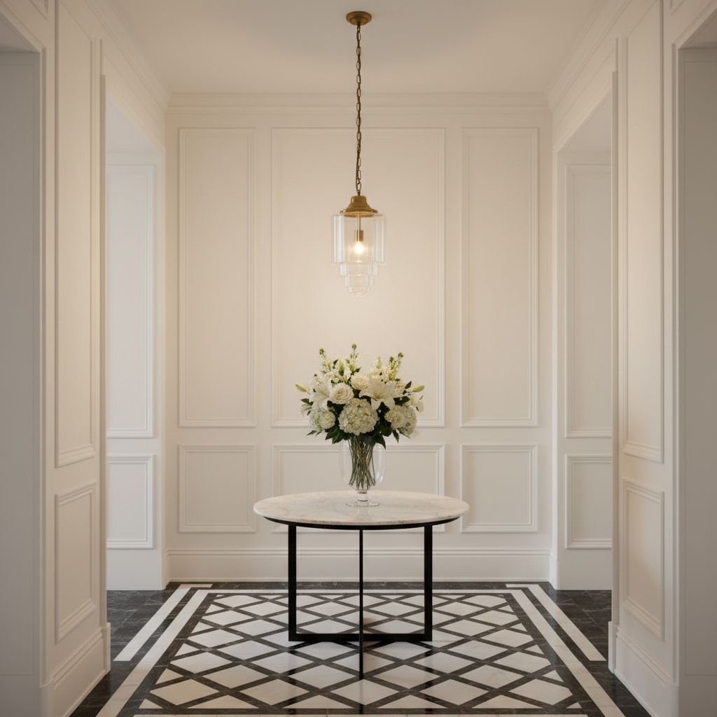 amos-lighting-Soho-Lighting-Glasshouse-Lacquered-Brass-Clear-Art-Deco-Pendant-Light-Hallway