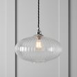 amos-lighting-Soho-Lighting-Henley-Ellipse-Ribbed-Clear-Glass-Pendant-Light-Nickel-Small-Cap-Black-Twisted-Cable-Grey-Panel