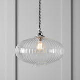 amos-lighting-Soho-Lighting-Henley-Ellipse-Ribbed-Clear-Glass-Pendant-Light-Nickel-Small-Cap-Black-Twisted-Cable-Grey-Panel