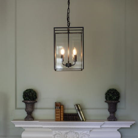 amos-lighting-Soho-Lighting-London-Lantern-Pendant-Crossbar-Small-Matt-Black-Fireplace