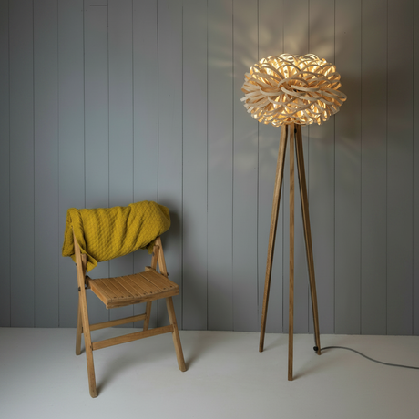 amos-lighting-Stuart-Lamble-Allium-Floor-Lamp-Oak-Tripod-Natural-Shade-Grey-Panel-Folding-Chair-Mustard-Throw-Square