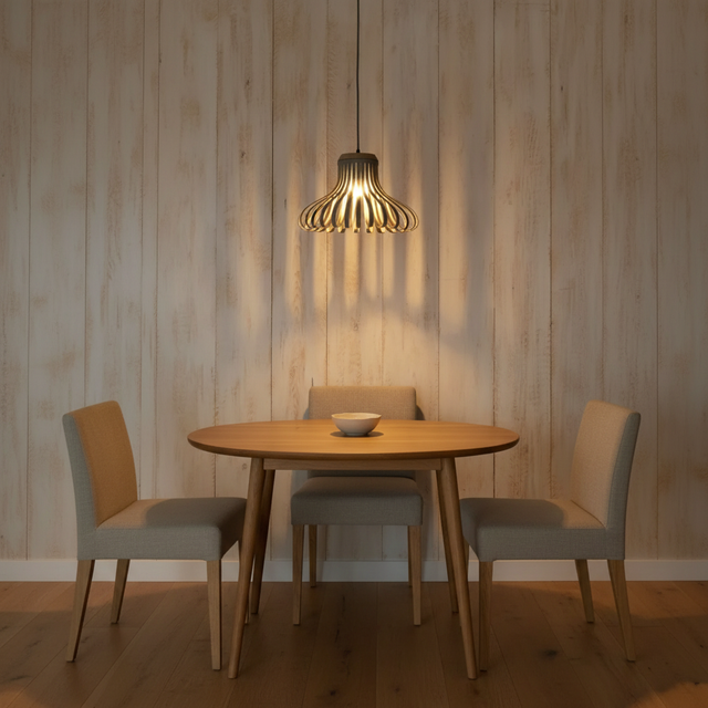 amos-lighting-Stuart-Lamble-Bell-Pendant-Shade-Wooden-Slat-Dining-Room