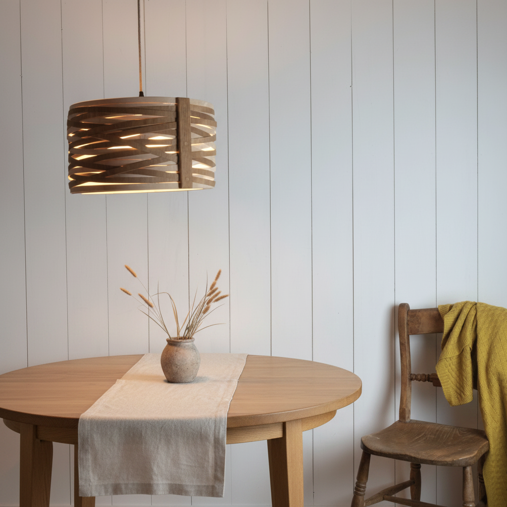amos-lighting-Stuart-Lamble-Convolution-Drum-Pendant-Shade-Walnut-Plywood-Cornish-Coastal-Dining