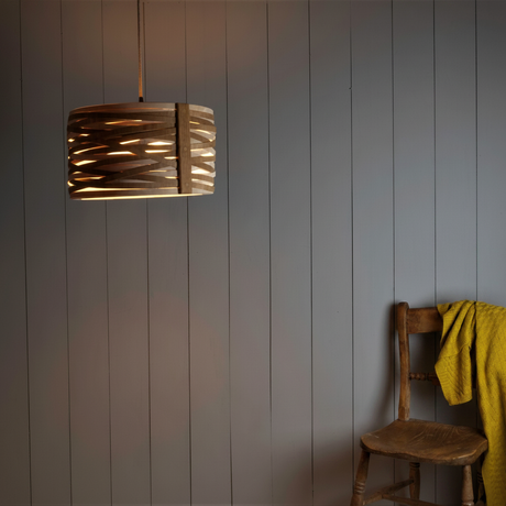 amos-lighting-Stuart-Lamble-Convolution-Drum-Pendant-Shade-Walnut-Plywood-Grey-Panel-Evening