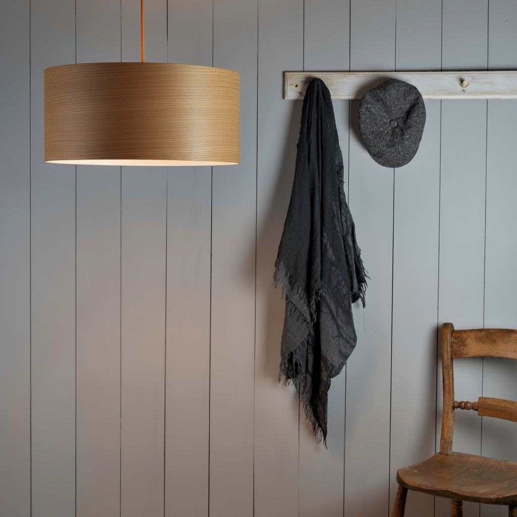 amos-lighting-Stuart-Lamble-Pure-Ceiling-Pendant-Shallow-20cm-Oak-Veneer-Grey-Panel-Wall