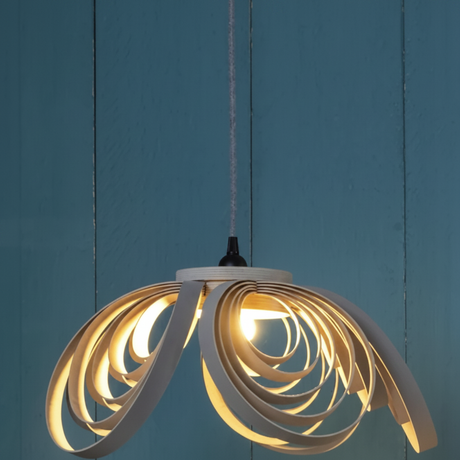 amos-lighting-Stuart-Lamble-Snowdrop-Pendant-Shade-Deep-Birch-Veneer-Spiral-Closeup-Teal-Wall