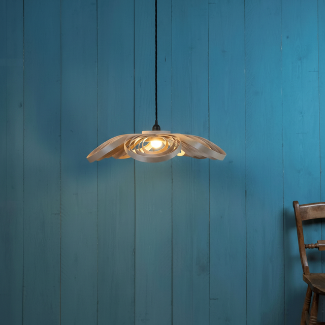 amos-lighting-Stuart-Lamble-Snowdrop-Shallow-Pendant-Natural-Plywood-Teal-Timber-Wall