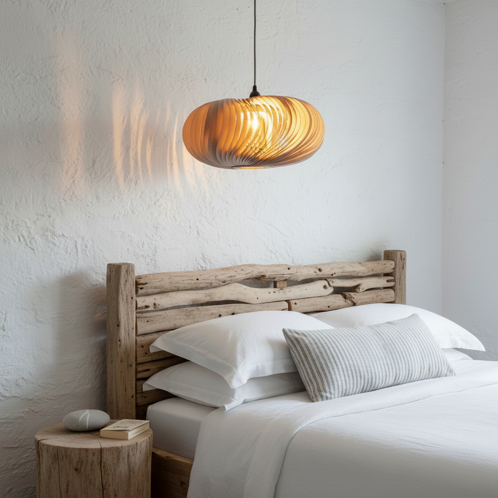 amos-lighting-Stuart-Lamble-Spinner-Ceiling-Pendant-Birch-Veneer-Cornish-Beach-Cottage-Bedroom-Symmetrical-Shape