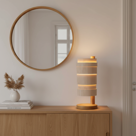 amos-lighting-Stuart-Lamble-Tower-Table-Lamp-Oak-Stacked-Veneer-Rings-Console-Table-Round-Mirror-Scandinavian