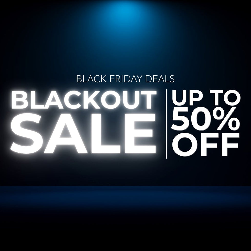 Black Friday sale advertisement with 'Blackout Sale' and 'Up to 50% Off' text on a dark background.
