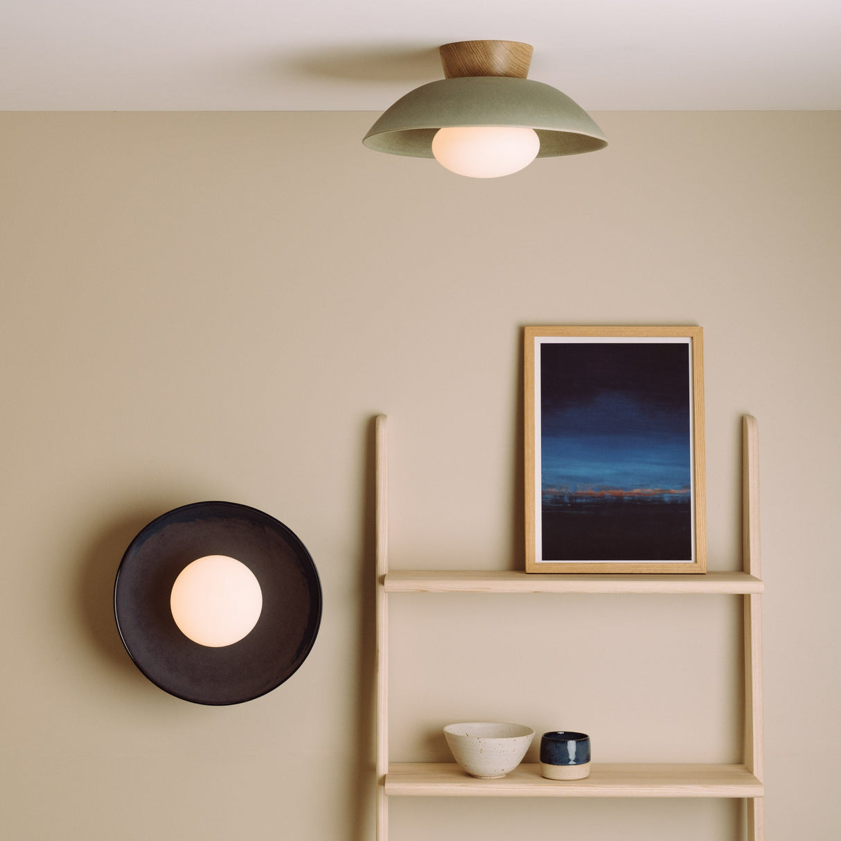 Studio Haran Dawn Flush Ceiling Light in Ceramic and Oak