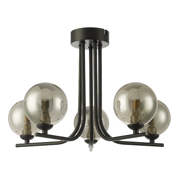 Dar Cradle 5 Light Semi Flush Matt Black Smoked Glass –  from Amos Lighting + Home