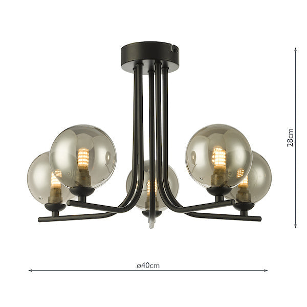 Dar Cradle 5 Light Semi Flush Matt Black Smoked Glass –  from Amos Lighting + Home