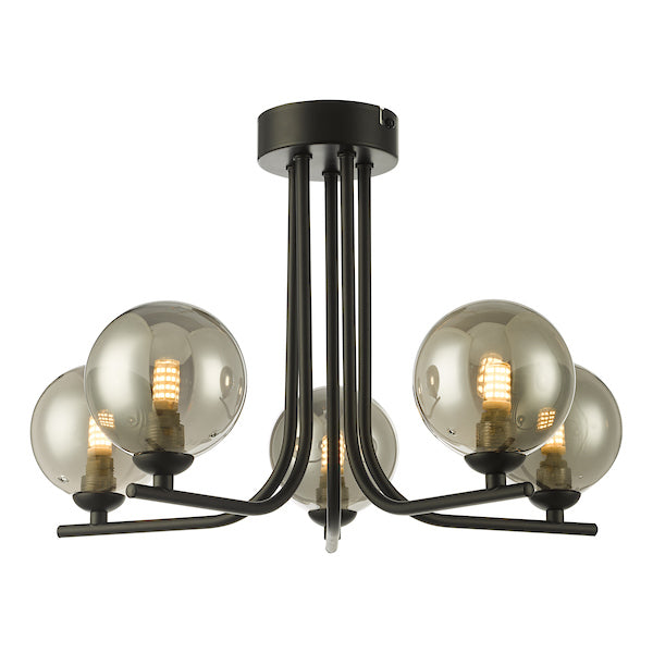 Dar Cradle 5 Light Semi Flush Matt Black Smoked Glass –  from Amos Lighting + Home