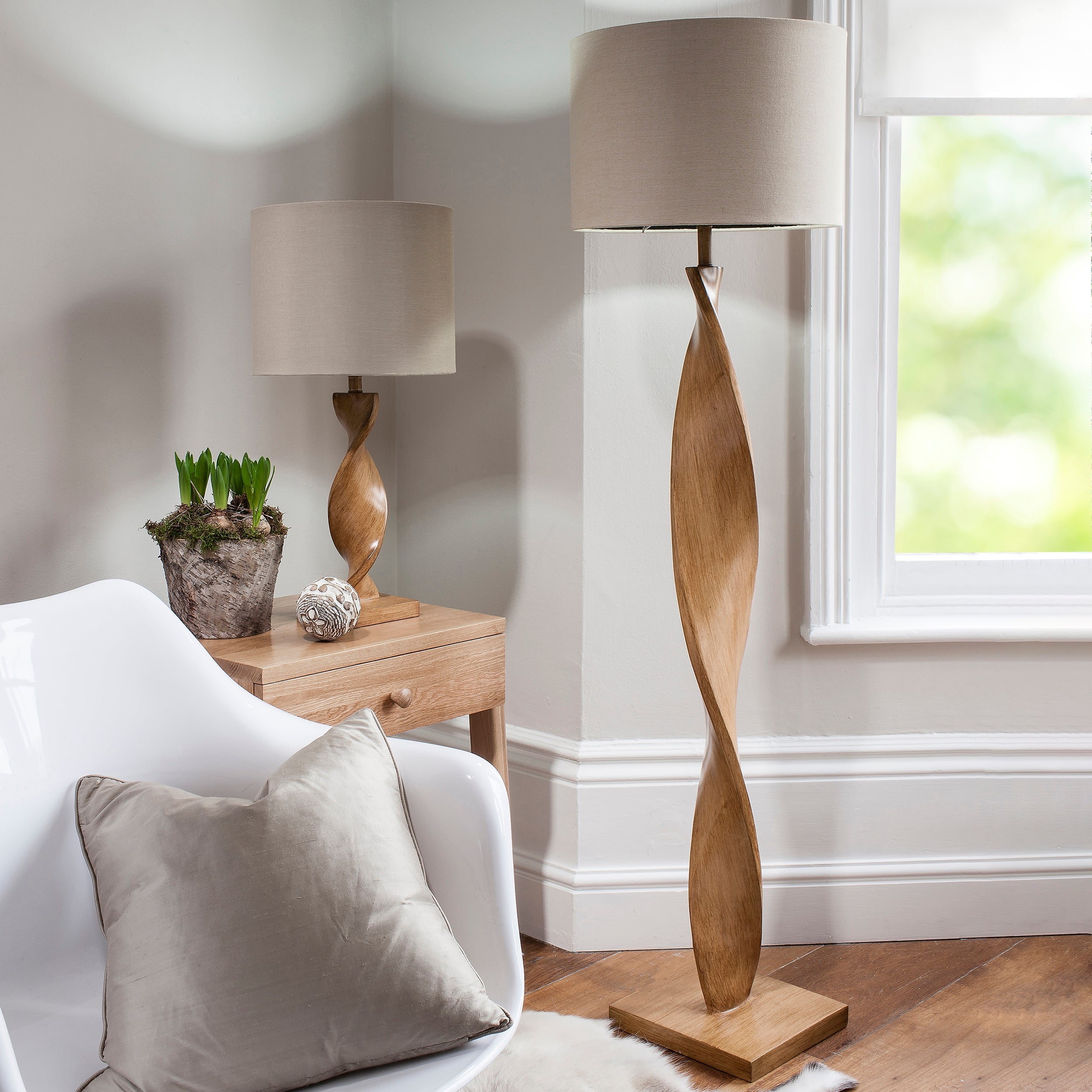 Endon Abia Wood Floor Lamp with Linen Shade Amos Lighting Home