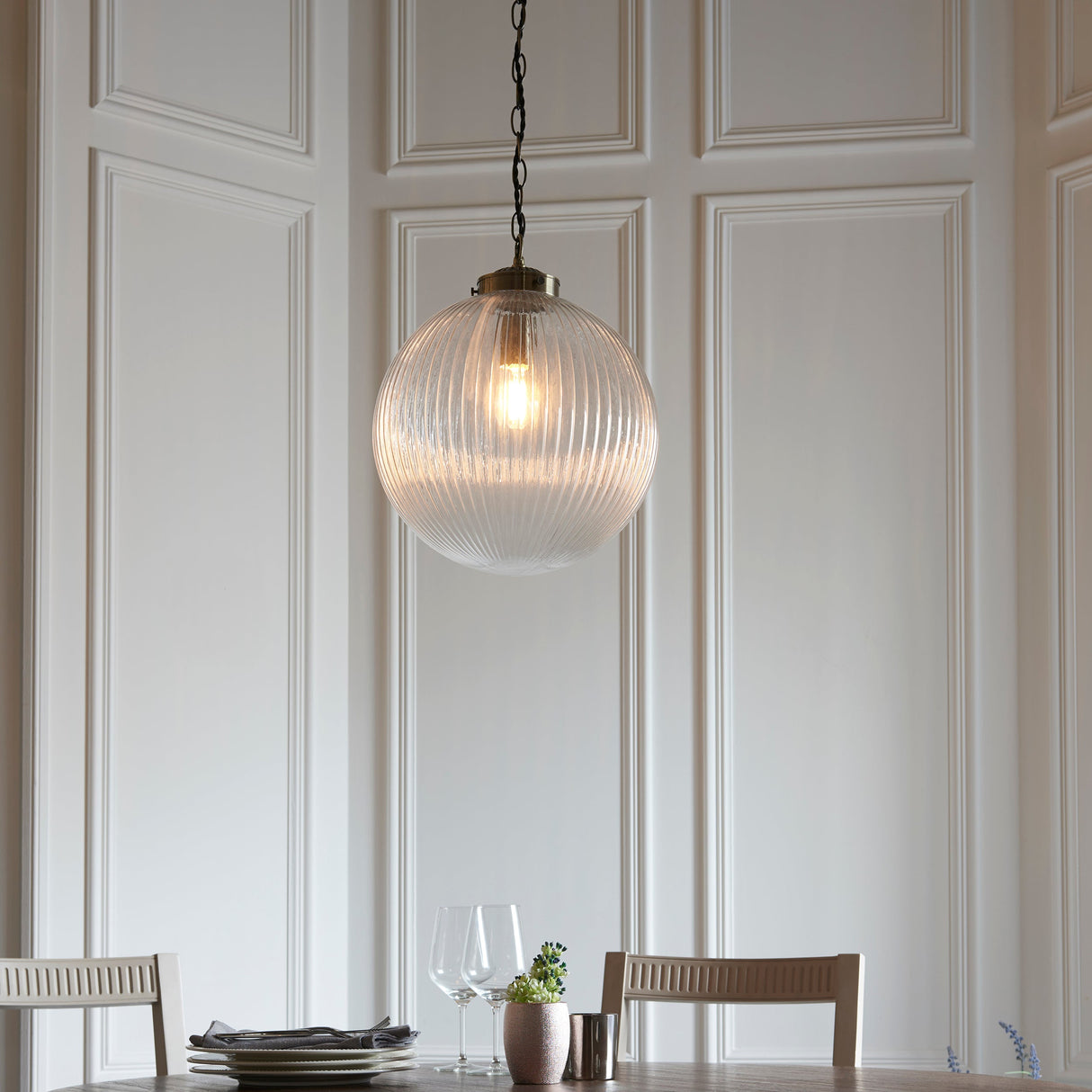 Endon Brydon Antique Brass & Ribbed Glass Pendant Large –  from Amos Lighting + Home