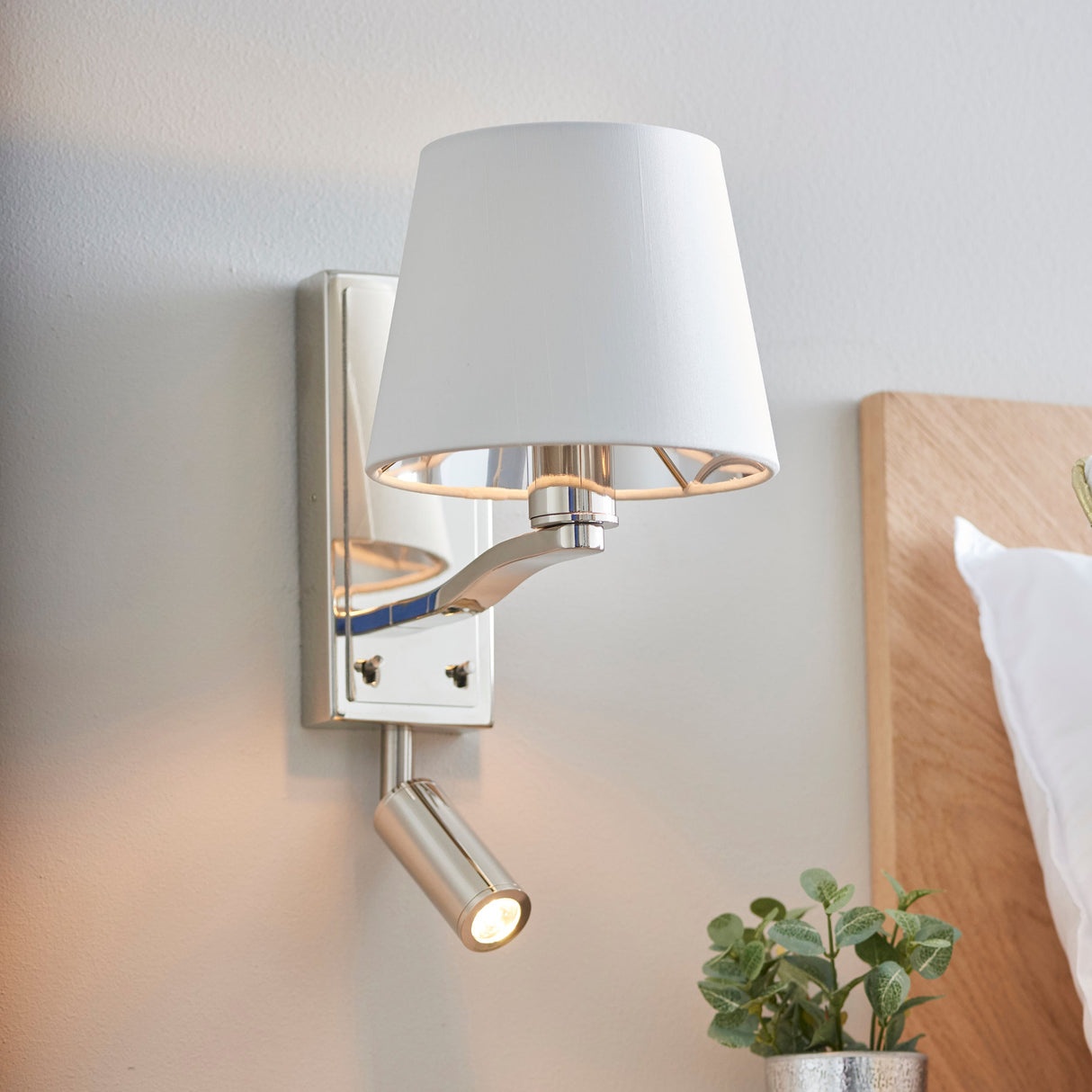 Endon Harvey Double Wall Light Bright Nickel with LED Reader –  from Amos Lighting + Home