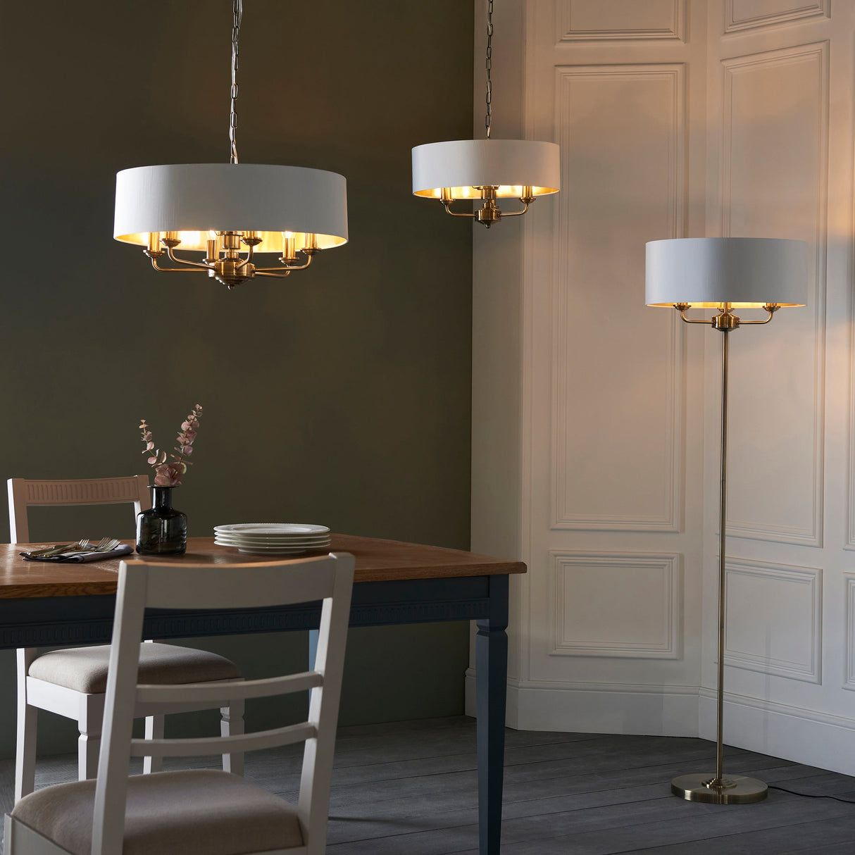 Endon Highclere 3lt Pendant Antique Brass & White –  from Amos Lighting + Home