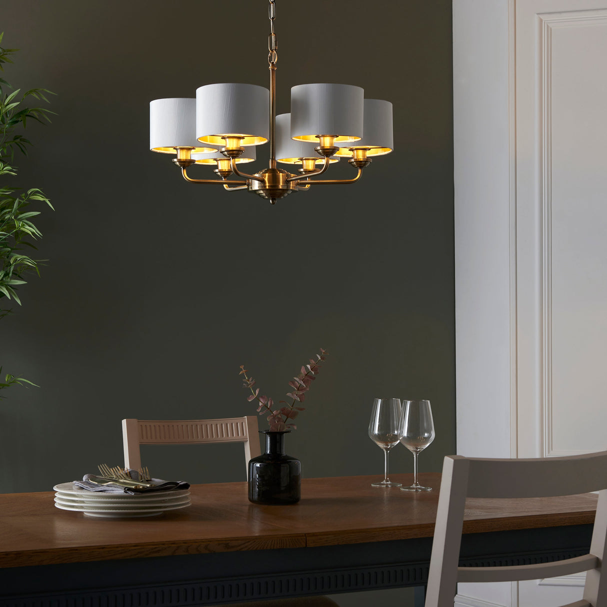 Endon Highclere 6lt Multi Arm Antique Brass & White –  from Amos Lighting + Home