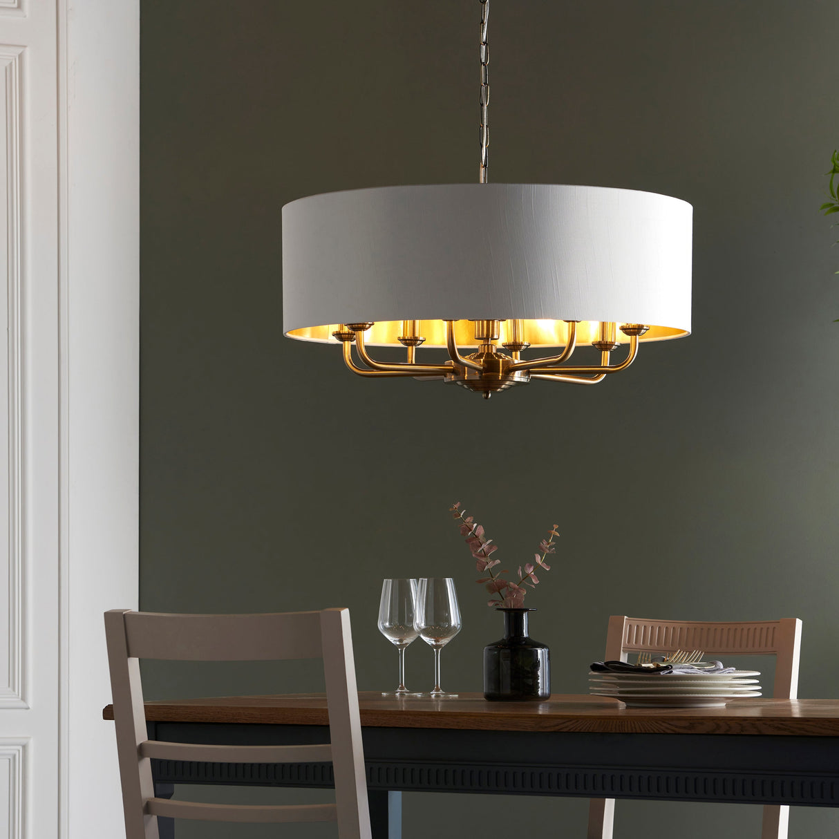 Endon Highclere 8lt Pendant Antique Brass & White –  from Amos Lighting + Home