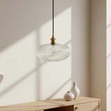 Soho Lighting Henley Ellipse Ribbed Glass Pendant Light with Antique Brass Lamp Holder and Black Twisted Cable