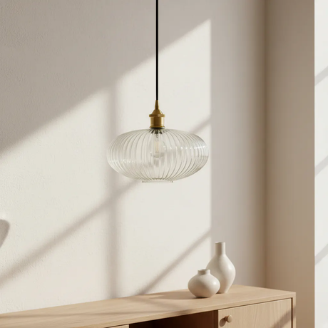 Soho Lighting Henley Ellipse Ribbed Glass Pendant Light with Antique Brass Lamp Holder and Black Twisted Cable
