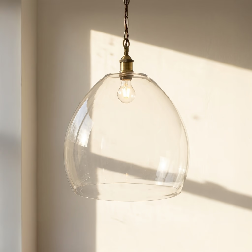 Soho Lighting Harington Clear Dome Glass Pendant Light with Antique Brass Lampholder and Chain with Brown Twisted Cable